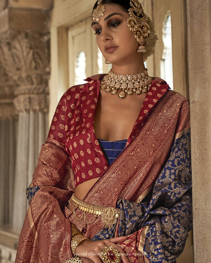 Navy Blue Banarasi Weaving Silk Saree for Ceremonial