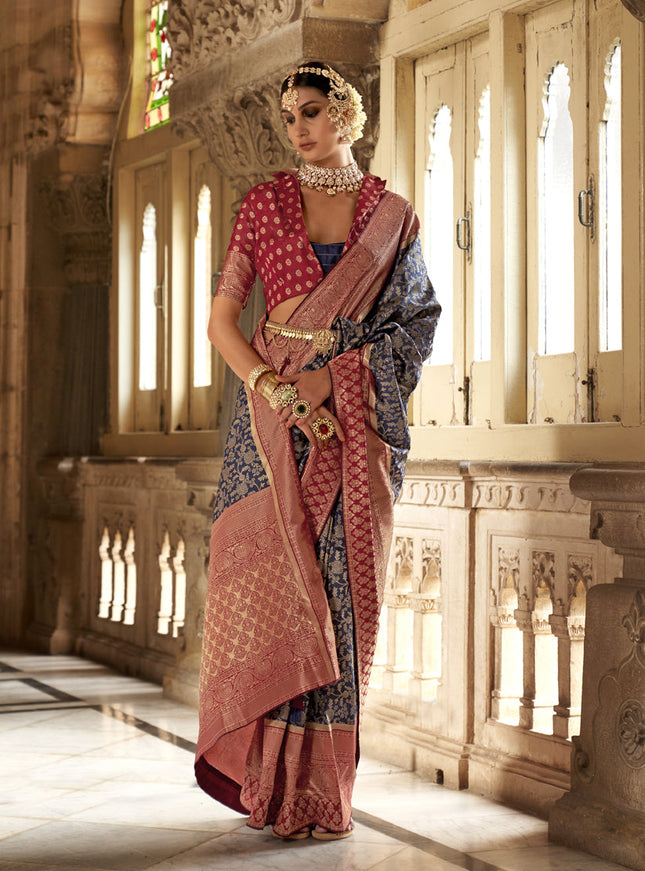 Navy Blue Banarasi Weaving Silk Saree for Ceremonial