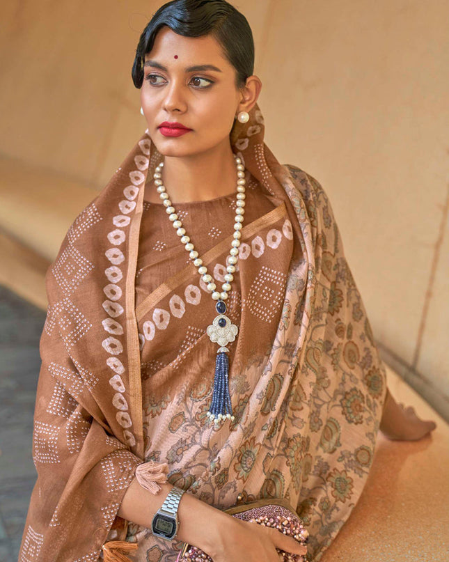 Beige Printed Cotton Party Wear Saree