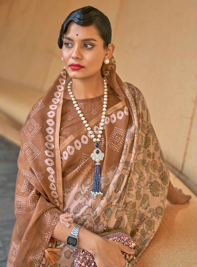 Beige Printed Cotton Party Wear Saree