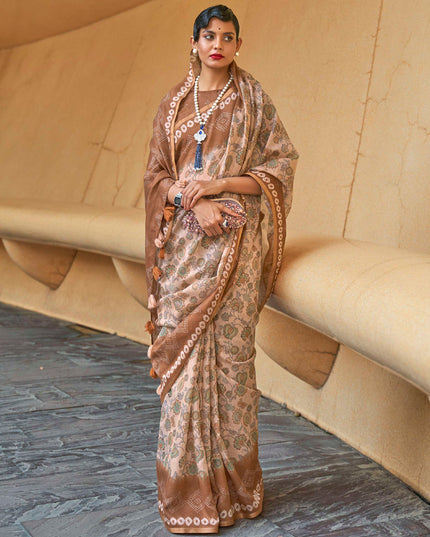 Beige Printed Cotton Party Wear Saree