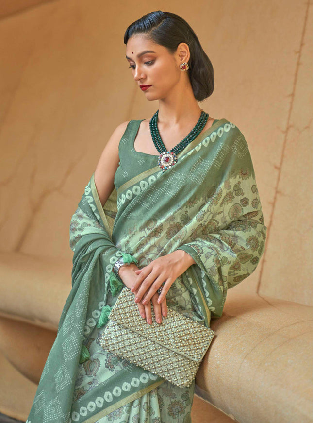 Pastel Green Printed Cotton Party Wear Saree