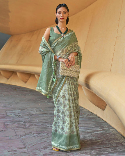 Pastel Green Printed Cotton Party Wear Saree