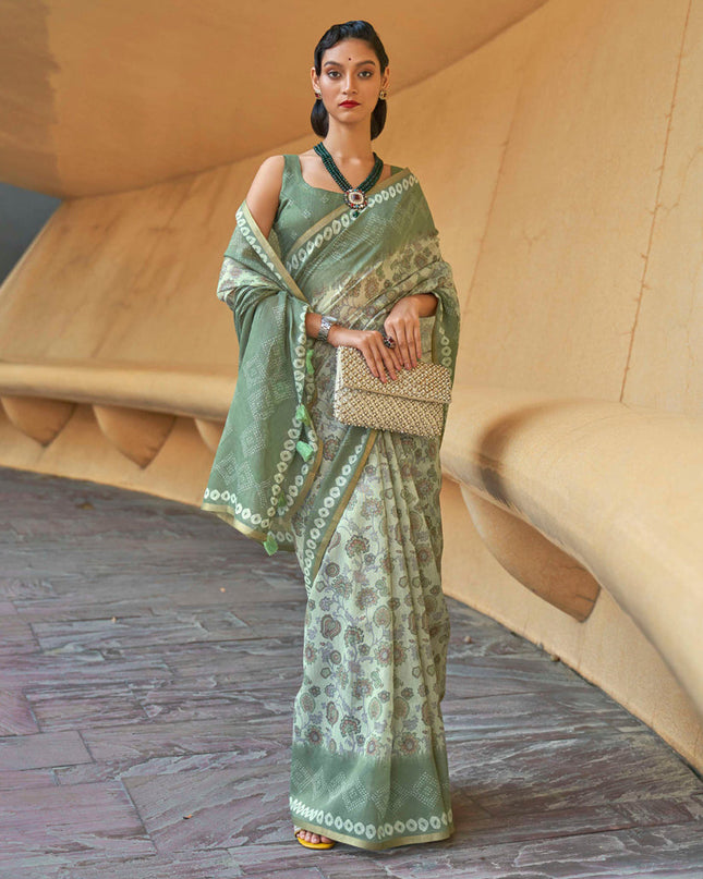 Pastel Green Printed Cotton Party Wear Saree