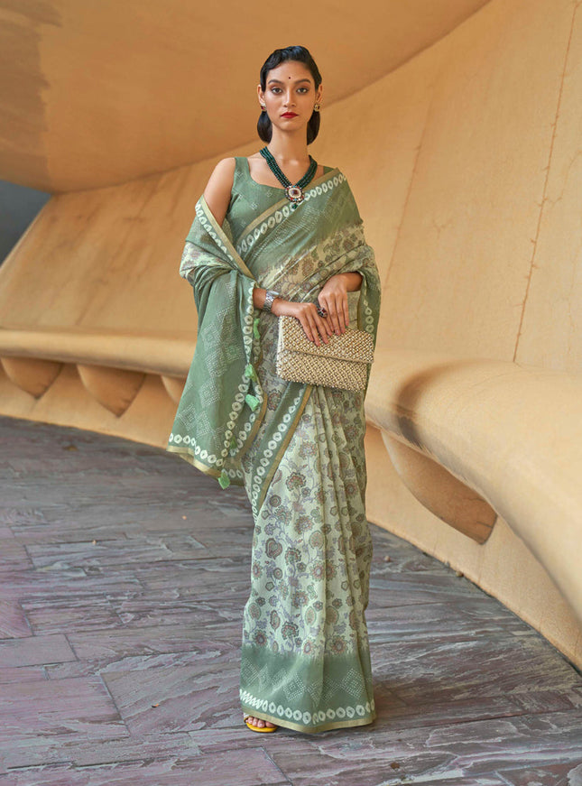 Pastel Green Printed Cotton Party Wear Saree