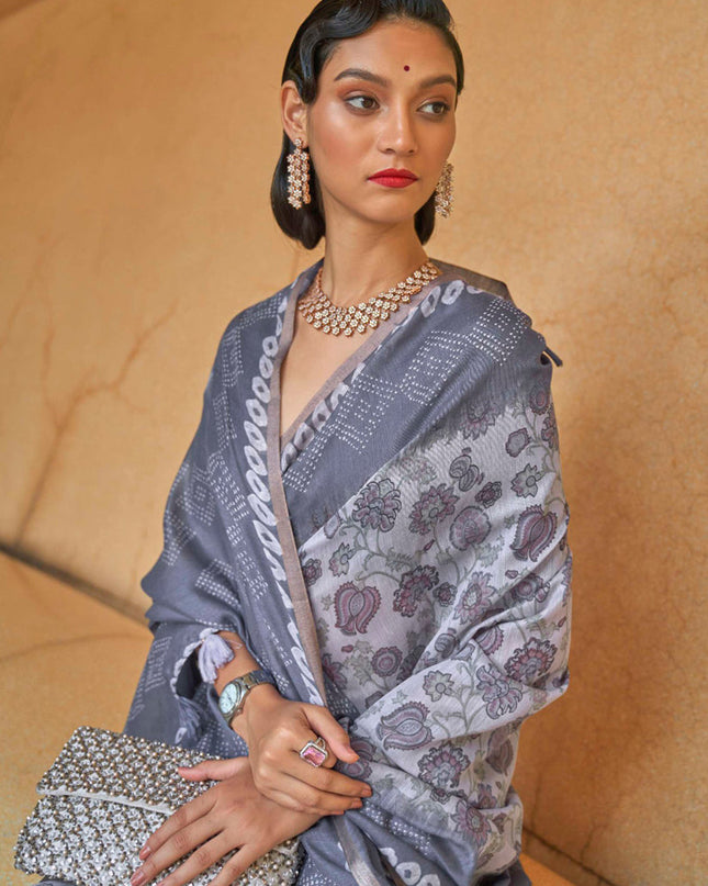 Lavender Grey Printed Cotton Party Wear Saree