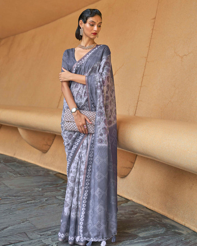Lavender Grey Printed Cotton Party Wear Saree