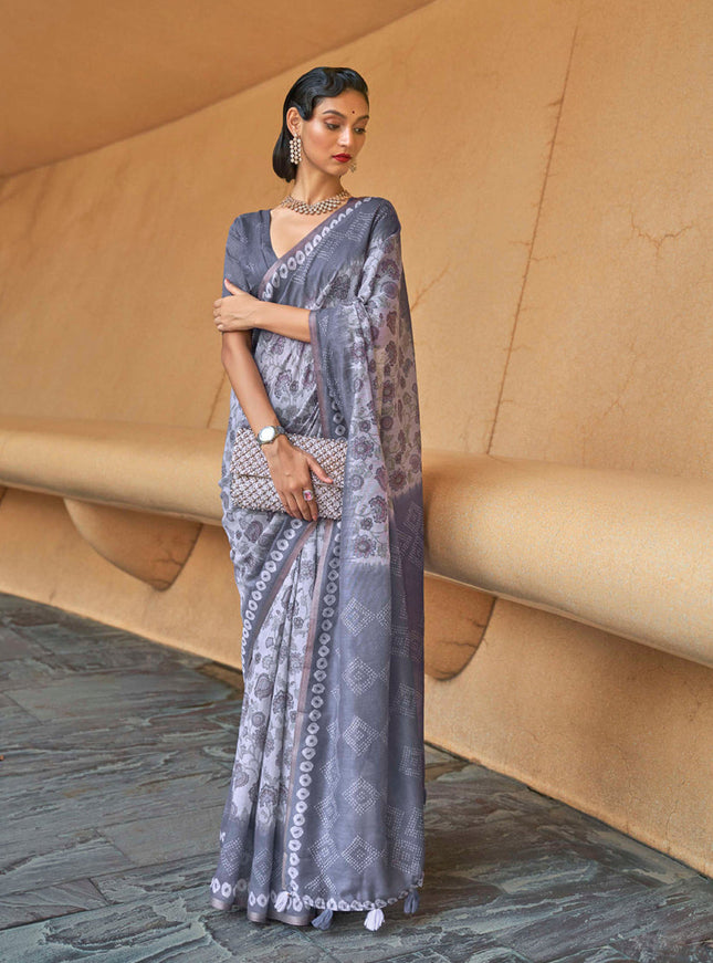 Lavender Grey Printed Cotton Party Wear Saree