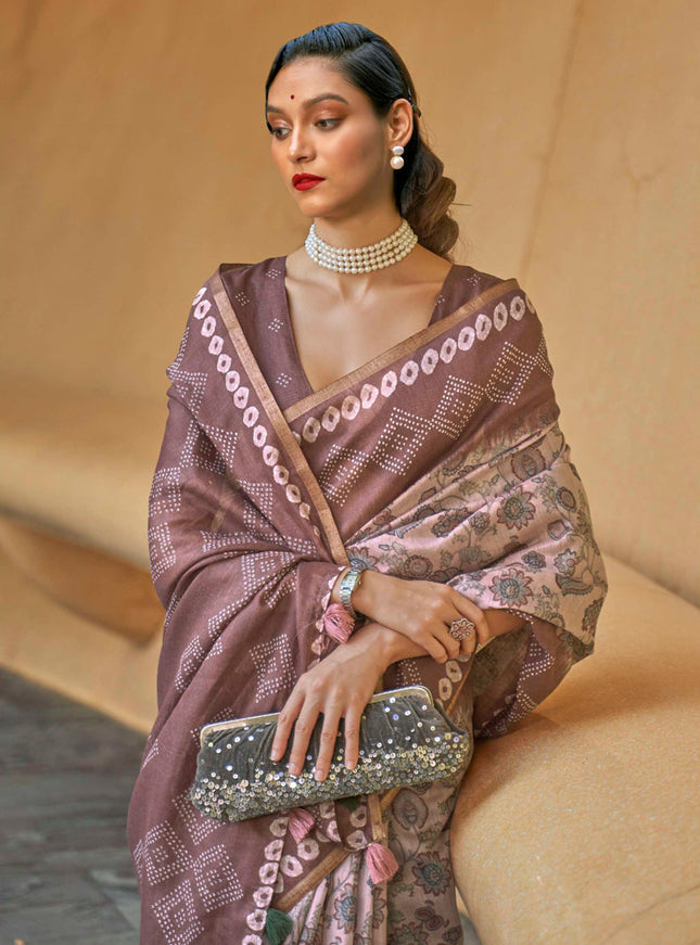 Lilac Pink Printed Cotton Party Wear Saree