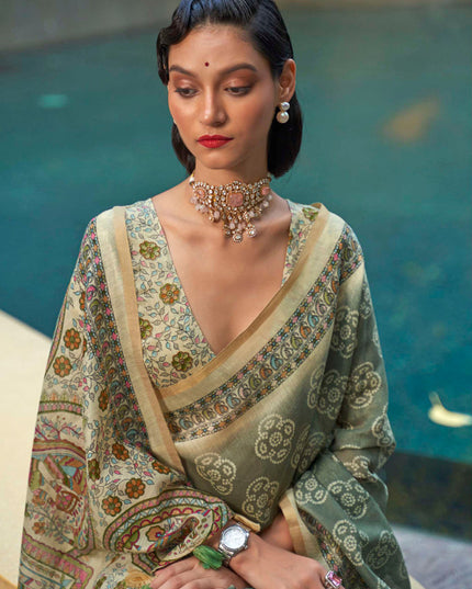 Moss Green Printed Cotton Party Wear Saree