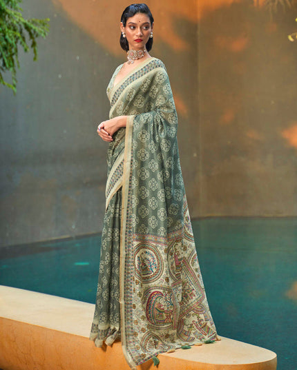 Moss Green Printed Cotton Party Wear Saree
