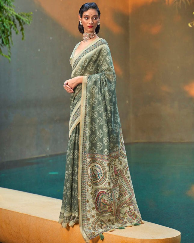 Moss Green Printed Cotton Party Wear Saree