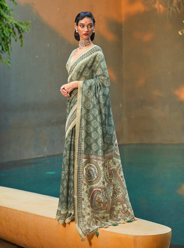 Moss Green Printed Cotton Party Wear Saree