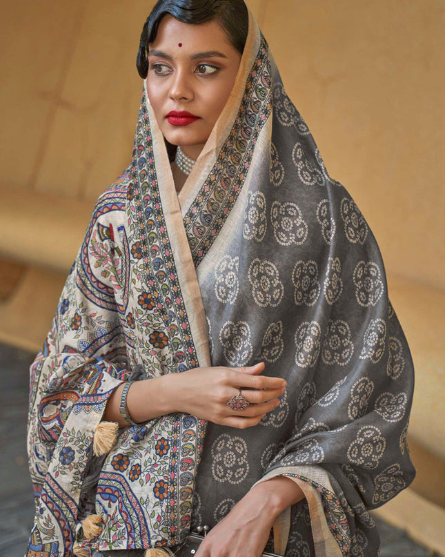 Slate Grey Printed Cotton Party Wear Saree
