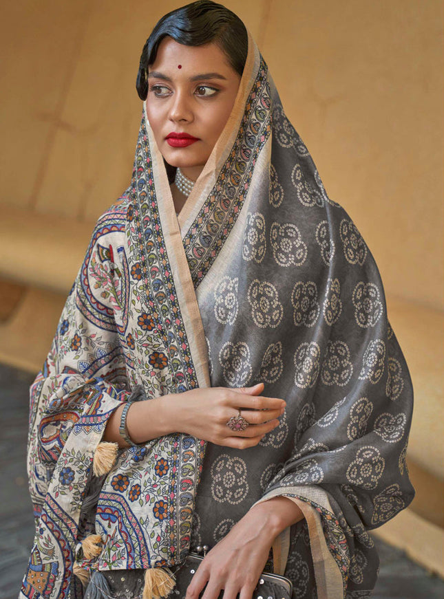 Slate Grey Printed Cotton Party Wear Saree