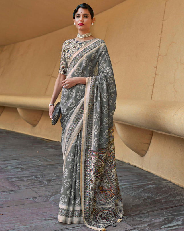 Slate Grey Printed Cotton Party Wear Saree