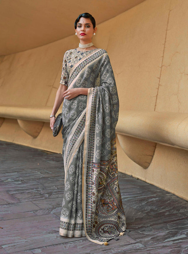 Slate Grey Printed Cotton Party Wear Saree