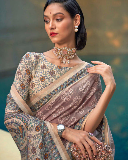 Rose Taupe Printed Cotton Party Wear Saree