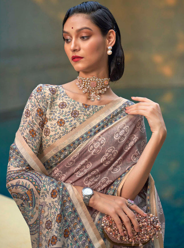 Rose Taupe Printed Cotton Party Wear Saree