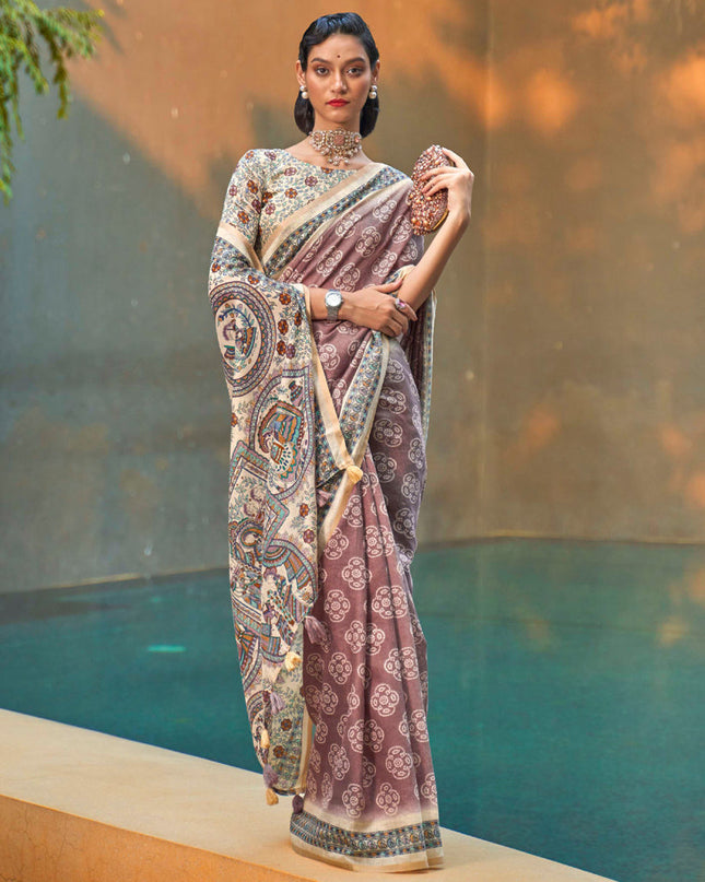 Rose Taupe Printed Cotton Party Wear Saree