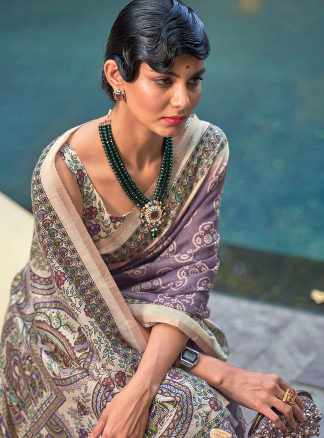 Dusty Mauve Printed Cotton Party Wear Saree