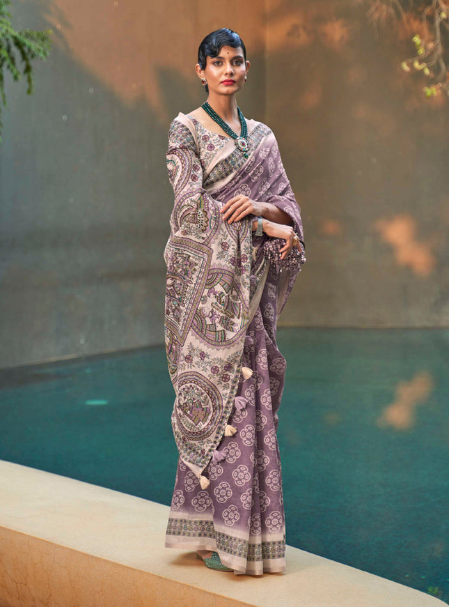 Dusty Mauve Printed Cotton Party Wear Saree