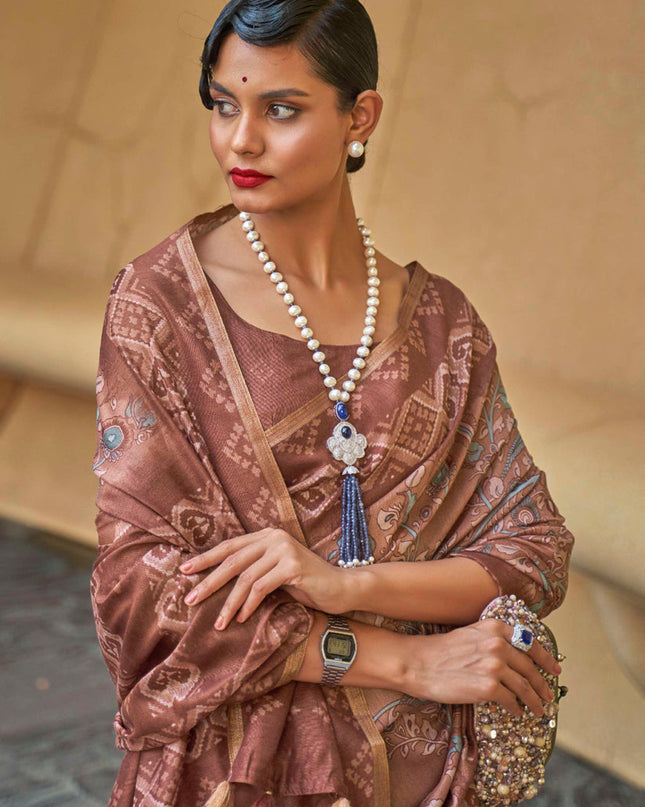 Copper Brown Printed Cotton Party Wear Saree