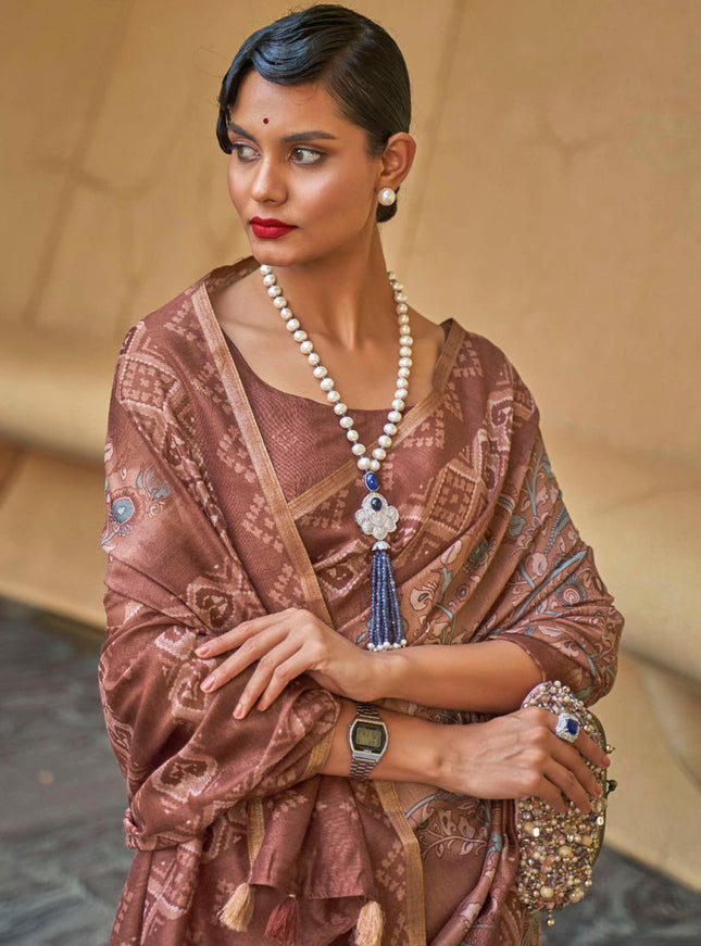Copper Brown Printed Cotton Party Wear Saree