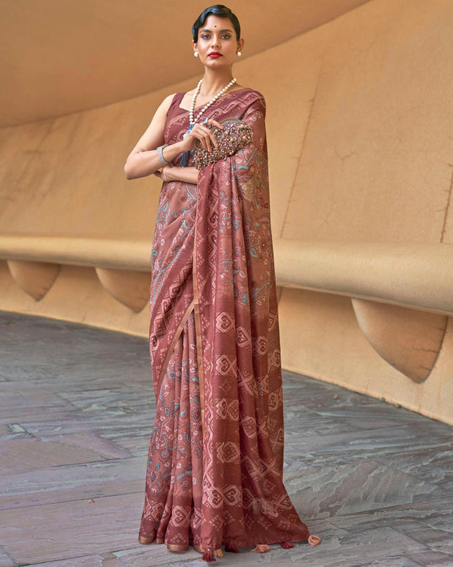 Copper Brown Printed Cotton Party Wear Saree