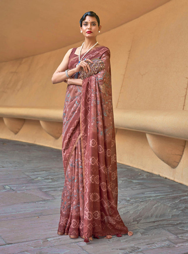 Copper Brown Printed Cotton Party Wear Saree