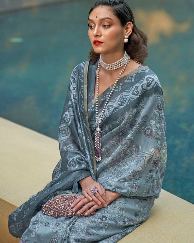 Teal Grey Printed Cotton Party Wear Saree