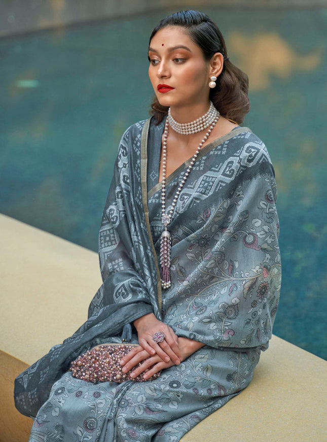Teal Grey Printed Cotton Party Wear Saree