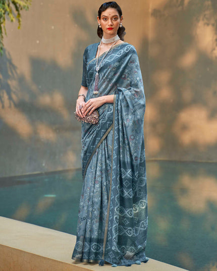 Teal Grey Printed Cotton Party Wear Saree