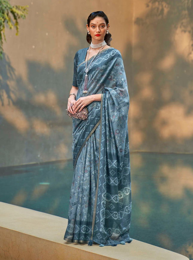 Teal Grey Printed Cotton Party Wear Saree