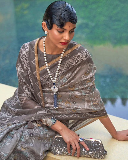 Dusty Grey Printed Cotton Party Wear Saree