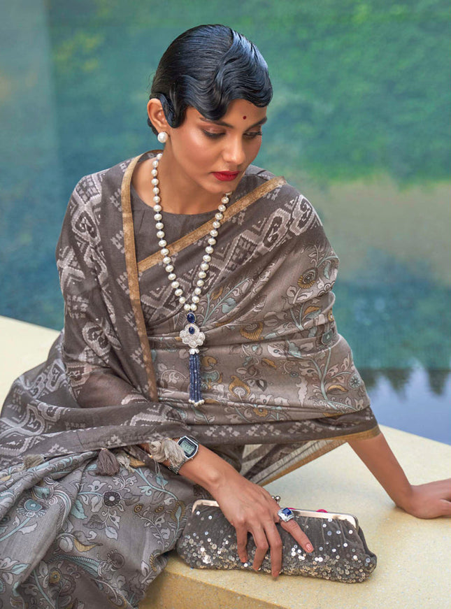 Dusty Grey Printed Cotton Party Wear Saree