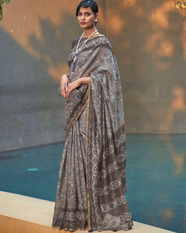 Dusty Grey Printed Cotton Party Wear Saree