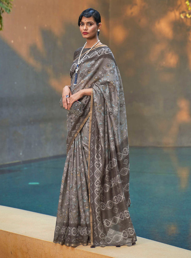 Dusty Grey Printed Cotton Party Wear Saree