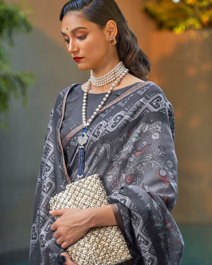 Graphite Grey Printed Cotton Party Wear Saree