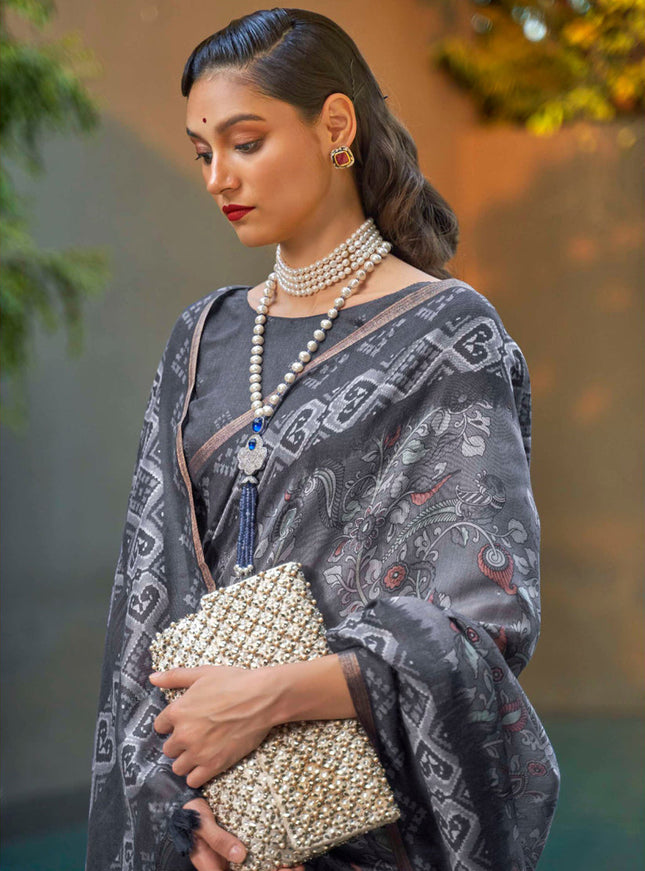 Graphite Grey Printed Cotton Party Wear Saree