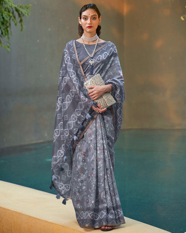 Graphite Grey Printed Cotton Party Wear Saree