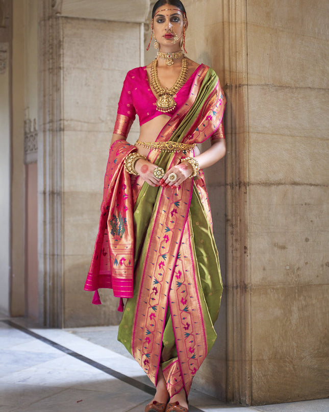 Olive Green Paithani Weaving Silk Saree for Wedding