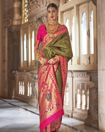 Olive Green Paithani Weaving Silk Saree for Wedding