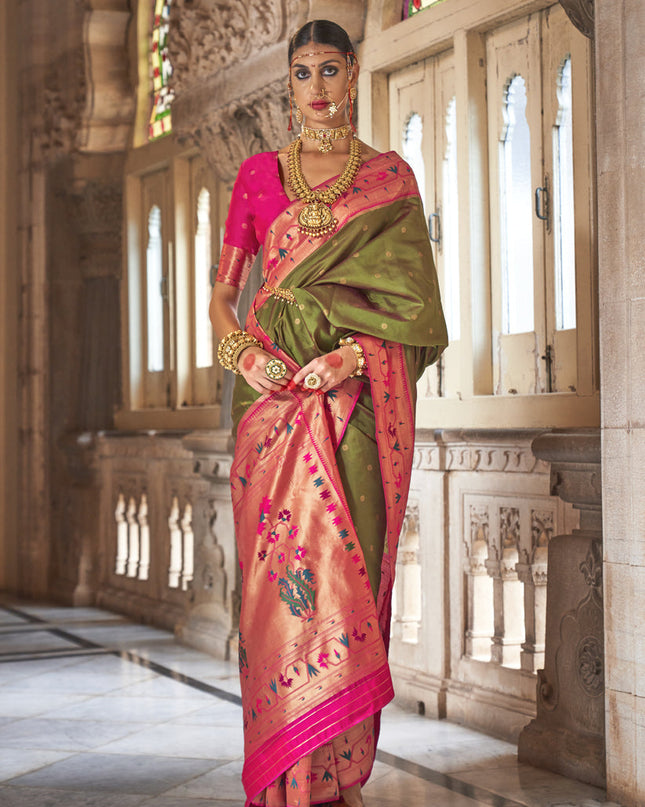 Olive Green Paithani Weaving Silk Saree for Wedding