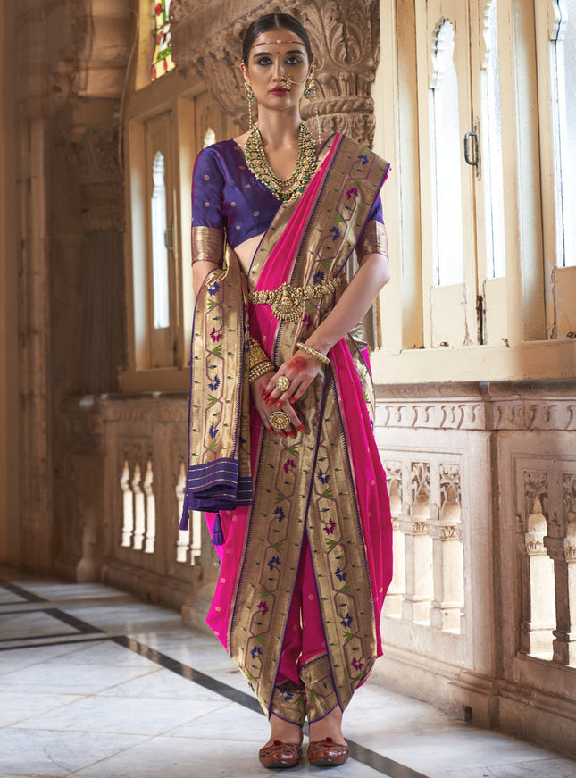 Rani Pink Paithani Weaving Silk Saree for Wedding