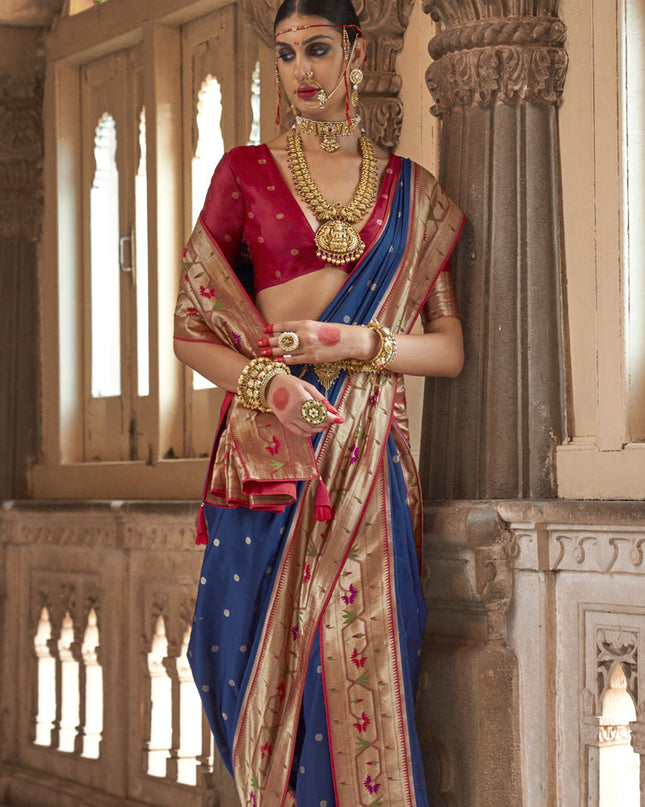 Cobalt Blue Paithani Weaving Silk Saree for Wedding