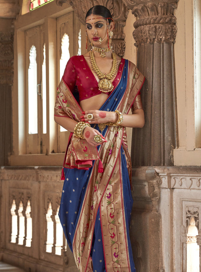 Cobalt Blue Paithani Weaving Silk Saree for Wedding