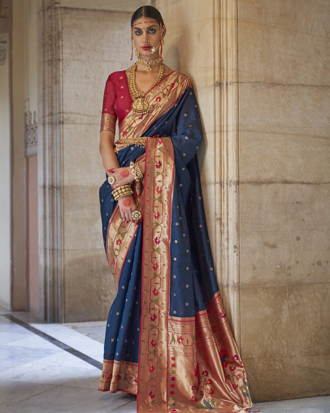 Cobalt Blue Paithani Weaving Silk Saree for Wedding