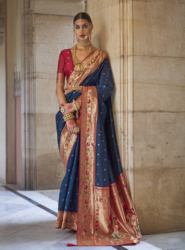 Cobalt Blue Paithani Weaving Silk Saree for Wedding