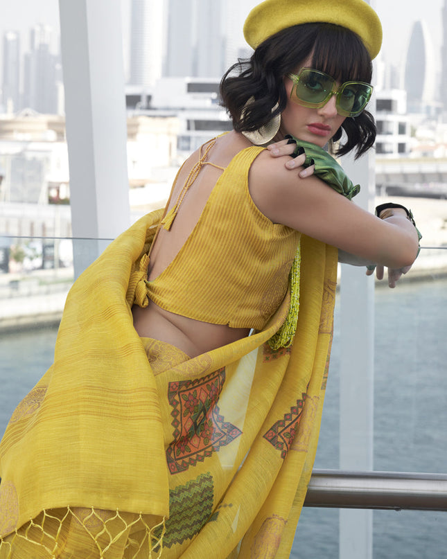 Lemon Yellow Printed Zari Tissue Saree